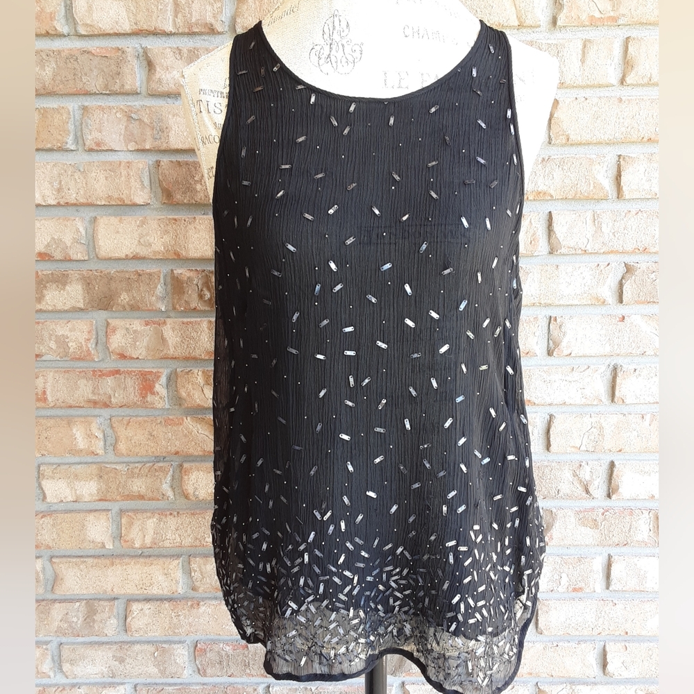 Theory Semra Black Beaded 100% Silk Sleeveless Top.